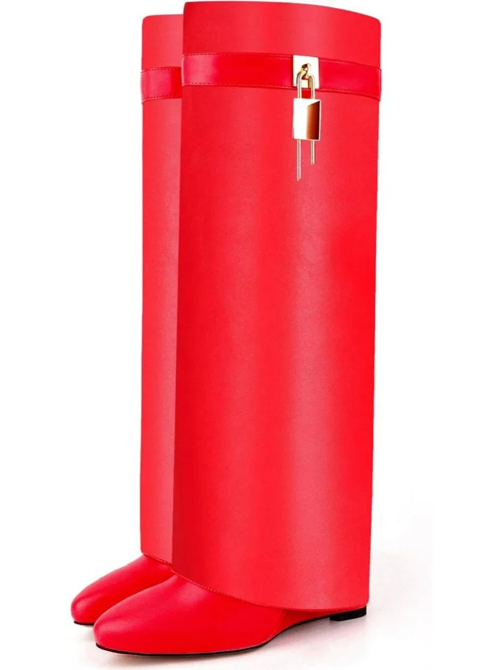 Women's Red Pointy Pull-on Side Zipper Padlock Fold Over Knee High Boots